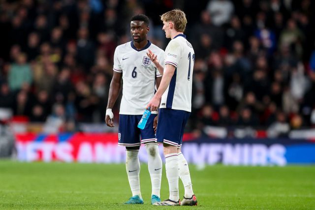 Anthony Gordon of England speaks to Marc Guehi of England during a break in play during the UEFA Nations League, League B - Group 2 match England vs Republic of Ireland at Wembley Stadium, London, United Kingdom, 17th November 2024

(Photo by Gareth Evans/News Images)