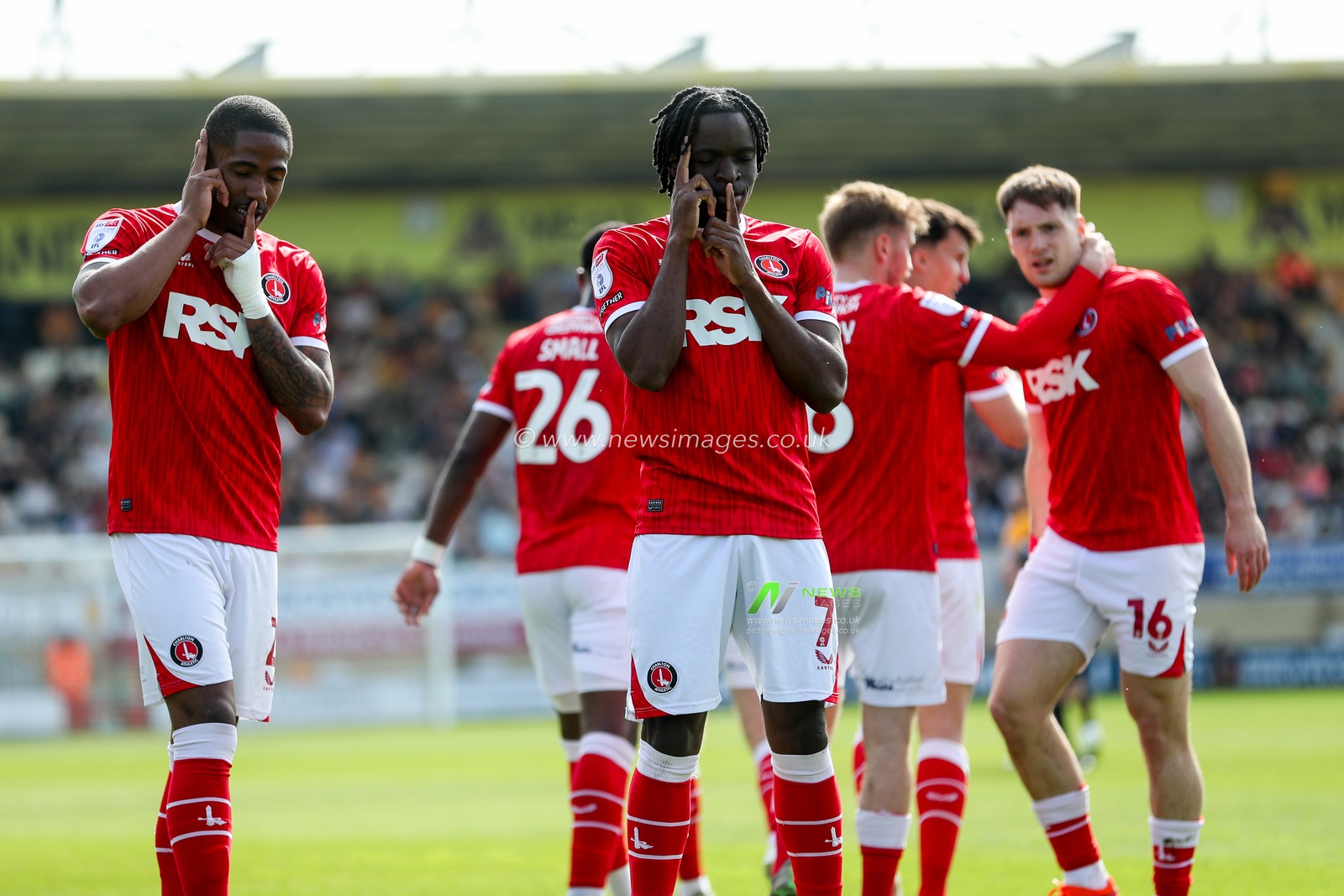 Tyreece Campbell of Charlton Athletic celebrates his goal with Thierry Small to make it 0-1 during the Sky Bet League 1 match Cambridge United vs Charlton Athletic at Cledara Abbey Stadium, Cambridge, United Kingdom, 12th April 2025

(Photo by Izzy Poles/News Images)