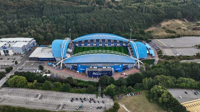 An aerial view of Accu Stadium ahead of the Betfred Super League Round 23 match Huddersfield Giants vs Warrington Wolves at Accu Stadium, Huddersfield, United Kingdom, 24th August 2025

(Photo by Alfie Cosgrove/News Images)