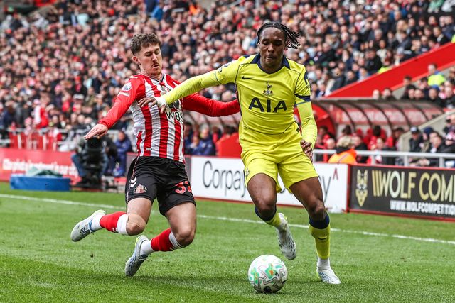 Mathys Tel of Tottenham Hotspur is fouled by Trai Hume of Sunderland during the Premier League match Sunderland vs Tottenham Hotspur at Stadium Of Light, Sunderland, United Kingdom on 12 April 2026

(Photo by Alfie Cosgrove/News Images)