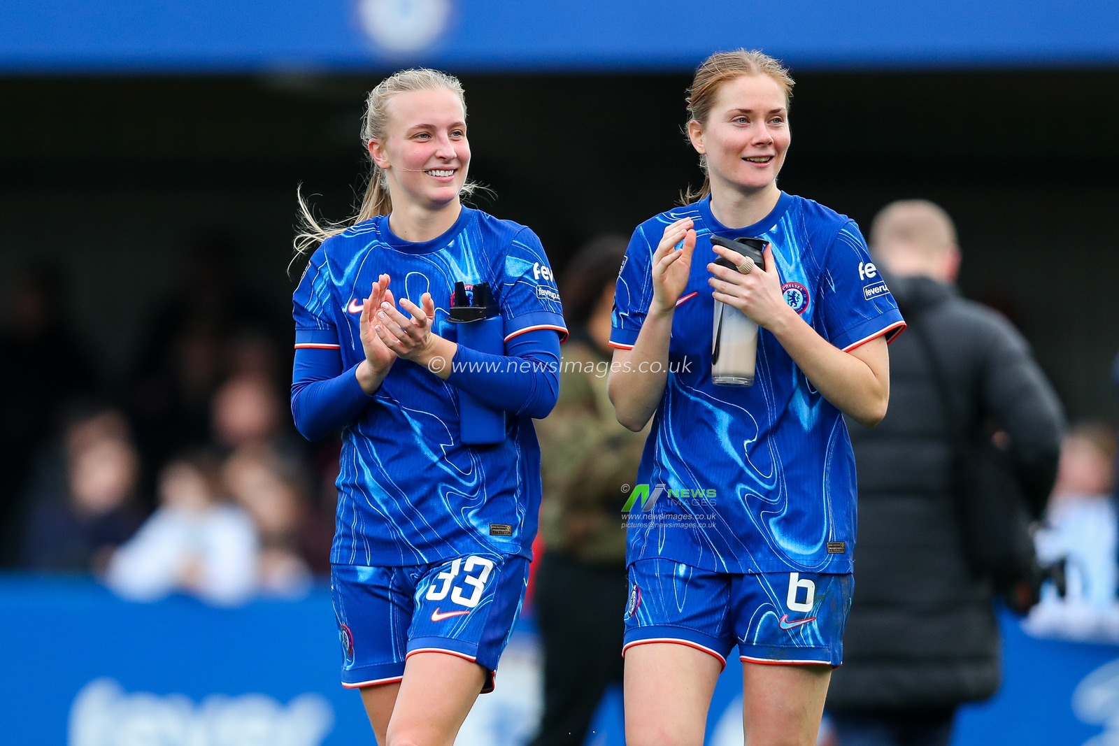 Aggie Beever-Jones and Sjoeke Nusken of Chelsea Women acknowledge the fans after the teams victory following the Barclays Women's Super League match Chelsea FC Women vs Manchester United Women at Kingsmeadow Stadium, Kingston upon Thames, United Kingdom, 24th November 2024

(Photo by Izzy Poles/News Images)