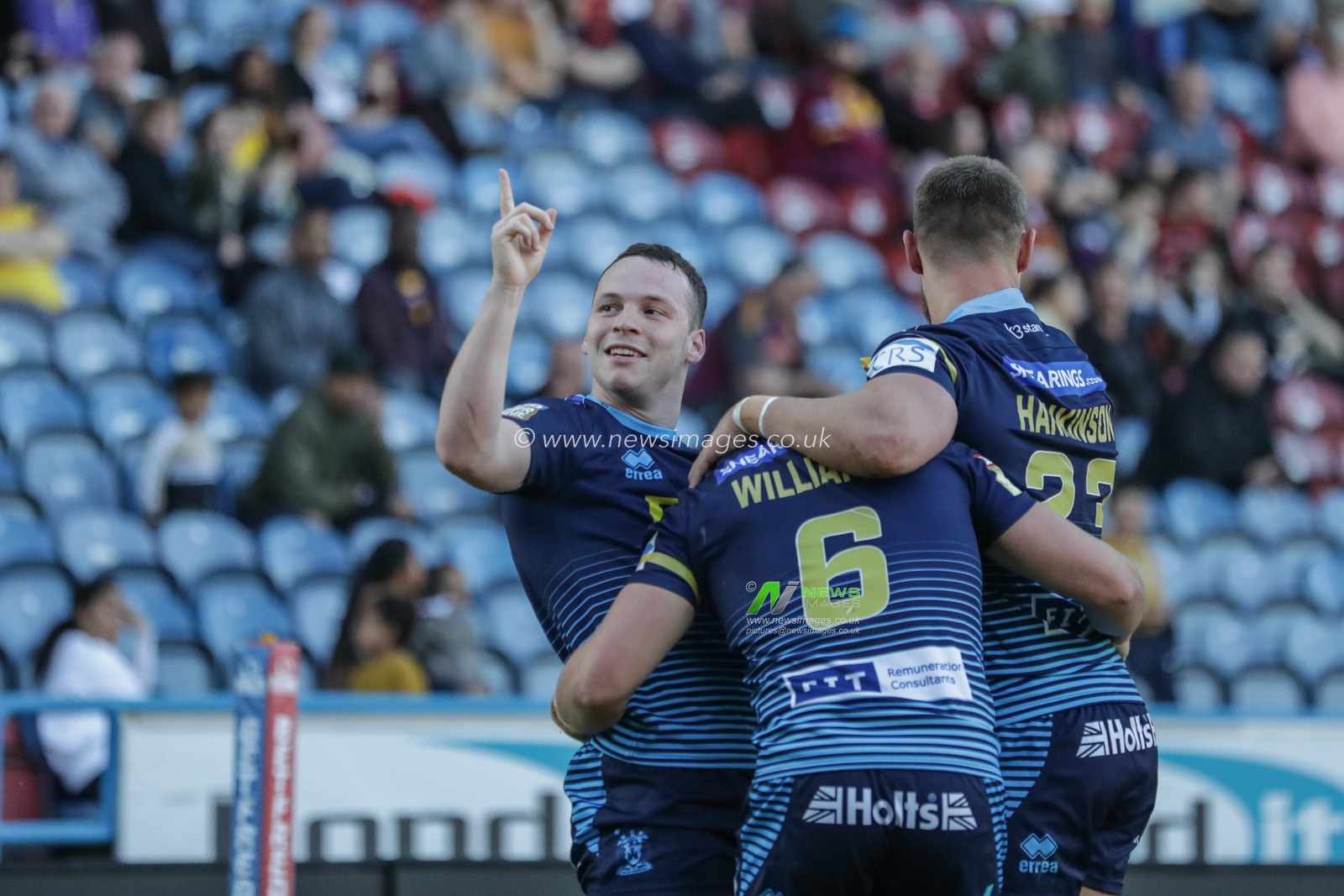 21st June 2019 , John Smiths Stadium, Huddersfield, England; Betfred Super League, Round 19, Huddersfield Giants vs Wigan Warriors ; Liam Marshal (17) of Wigan Warriors celebrates his try 


Credit Mark Cosgrove/News Images