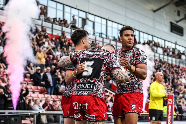 Josh Charnley of Leigh Leopards celebrates his try during the Betfred Super League round 12 match Leigh Leopards vs Hull FC at Leigh Sports Village, Leigh, United Kingdom on 22 May 2026

(Photo by Alfie Cosgrove/News Images)