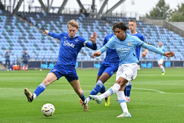 Emilio Lawrence of Manchester City shoots on goal during the Premier League 2 U23 match Manchester City vs Everton at Joie Stadium, Manchester, United Kingdom, 1st September 2024

(Photo by Cody Froggatt/News Images)