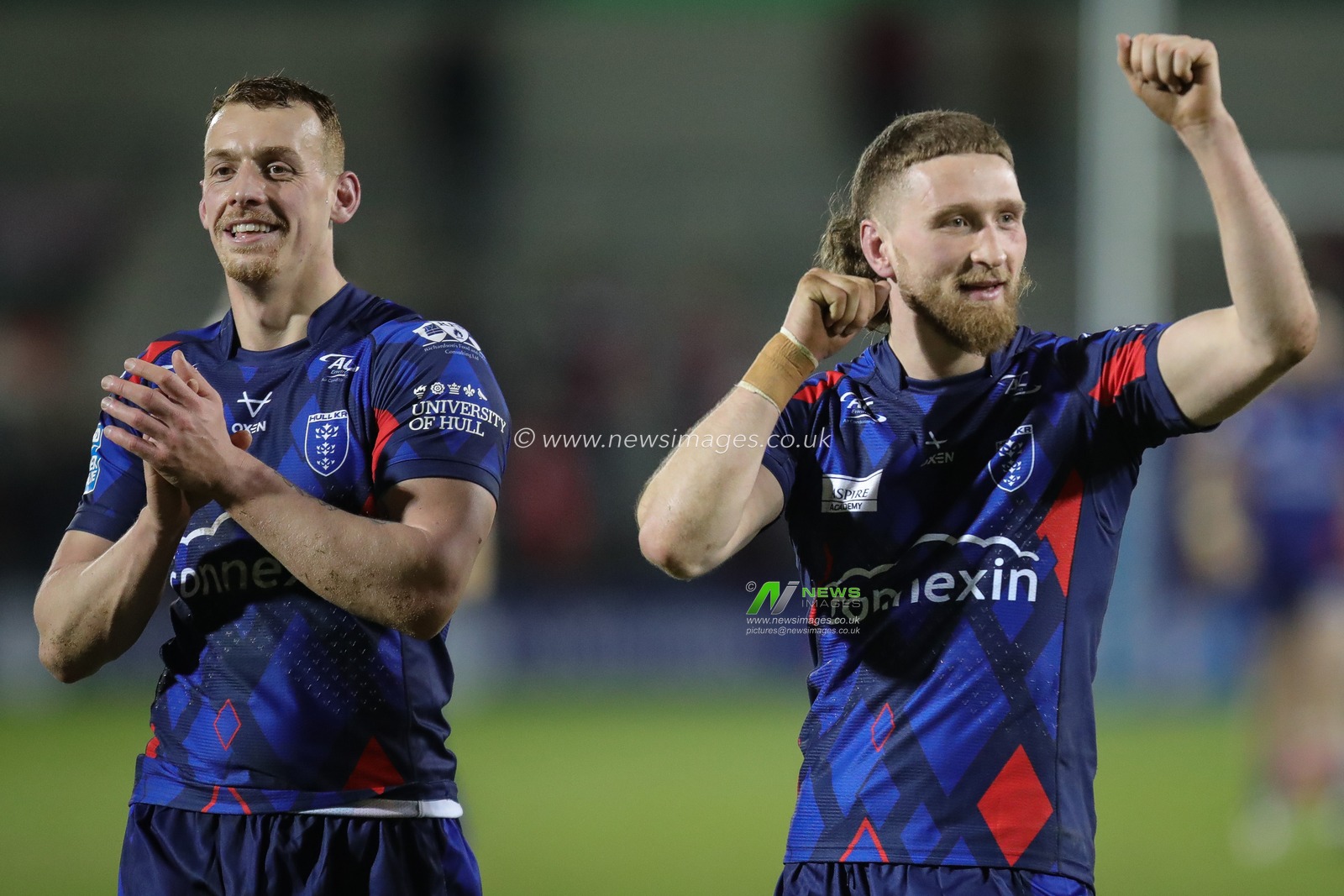 Ethan Ryan #2 of Hull KR and Frankie Halton #11 of Hull KR celebrate with the fans after the Betfred Super League Round 2 match Salford Red Devils vs Hull KR at AJ Bell Stadium, Eccles, United Kingdom, 23rd February 2023

(Photo by James Heaton/News Images)