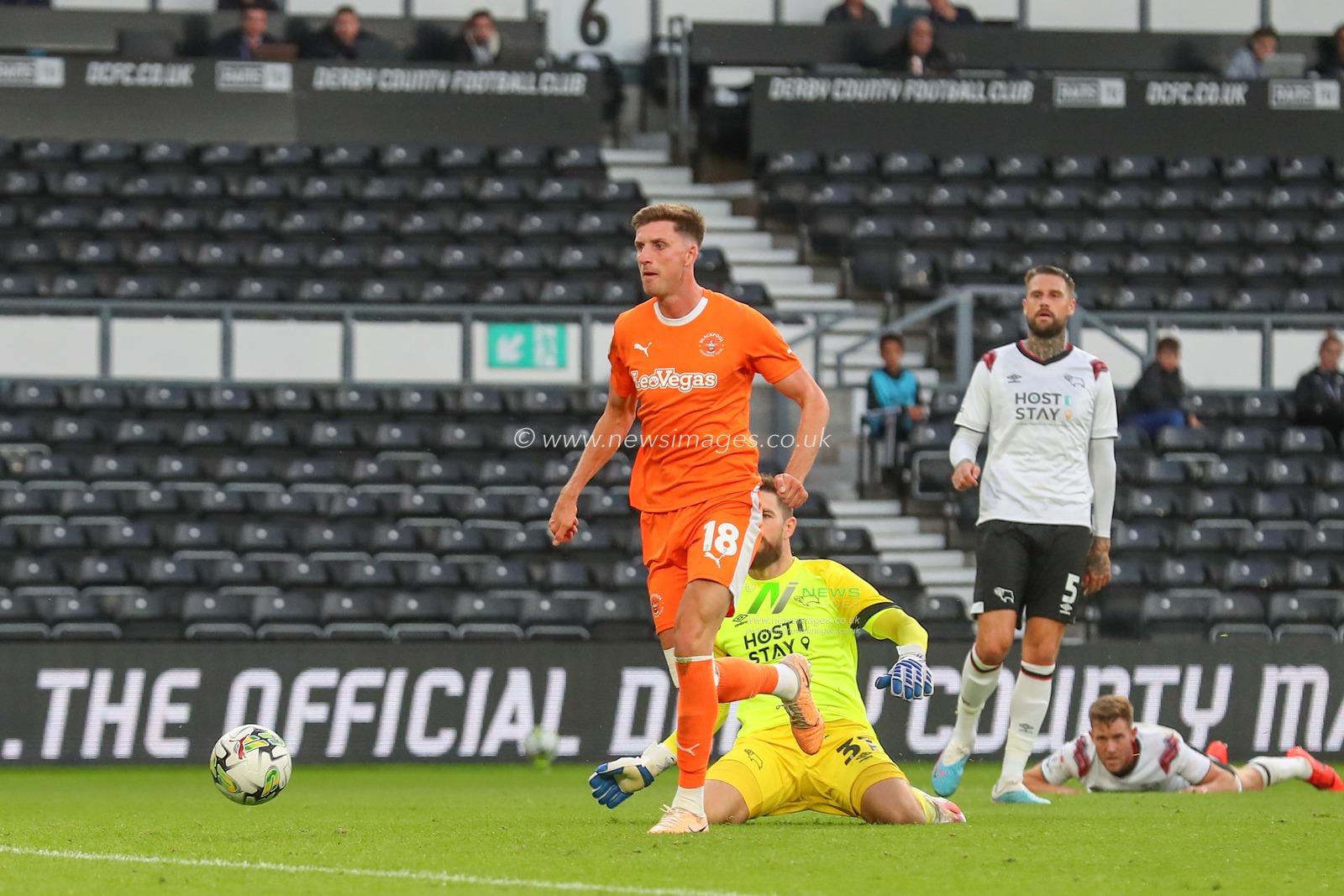 Jake Beesley #18 of Blackpool scores a goal to make it 0-2 during the Carabao Cup match Derby County vs Blackpool at Pride Park Stadium, Derby, United Kingdom, 8th August 2023

(Photo by Gareth Evans/News Images)