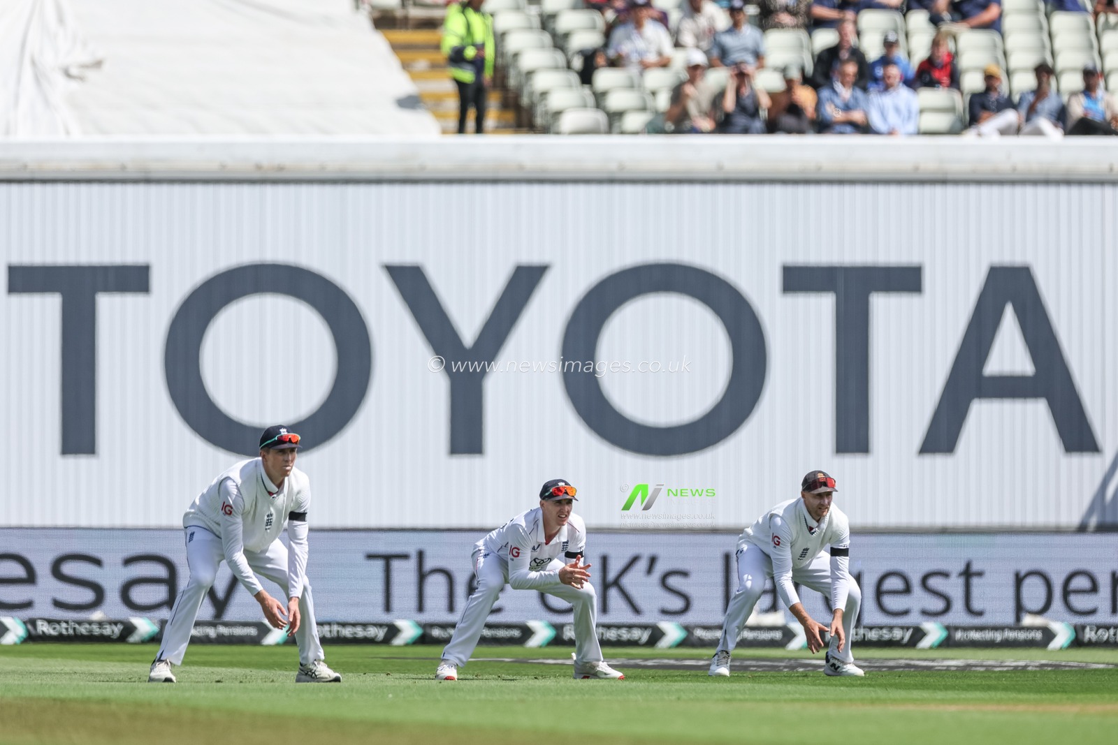 Zak Crawley of England (L) Harry Brook of England (C) and Joe Root of England (R) fielding  during the 2nd Rothesay Test Match Day 1 England vs India at Edgbaston, Birmingham, United Kingdom, 2nd July 2025

(Photo by Mark Cosgrove/News Images)