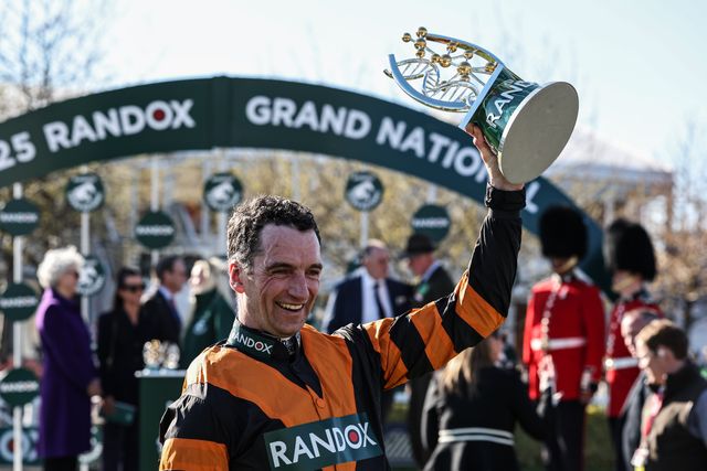 Patrick Mullins lifts the Grand National Trophy during the Randox Grand National 2025 Day 3 Grand National Day at Aintree Racecourse, Liverpool, United Kingdom, 5th April 2025

(Photo by Mark Cosgrove/News Images)