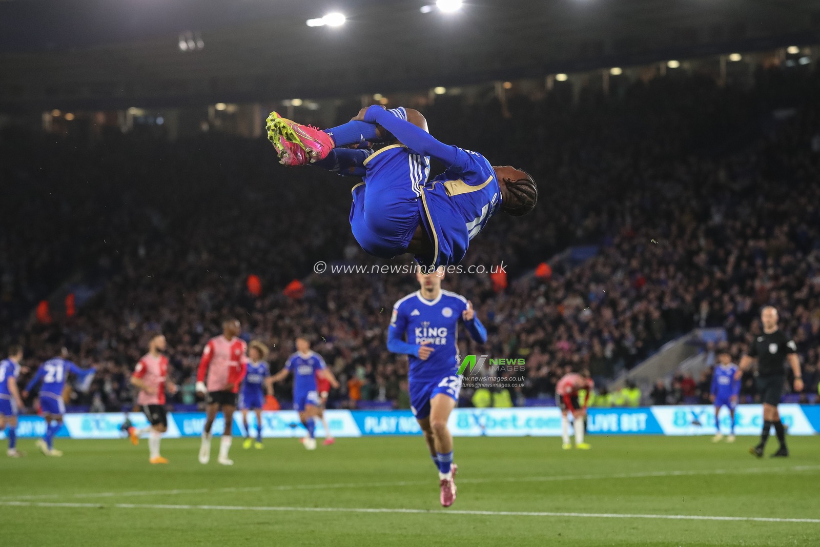 Abdul Fatawu of Leicester City celebrates his goal to make it 1-0 during the Sky Bet Championship match Leicester City vs Southampton at King Power Stadium, Leicester, United Kingdom, 23rd April 2024

(Photo by Gareth Evans/News Images)