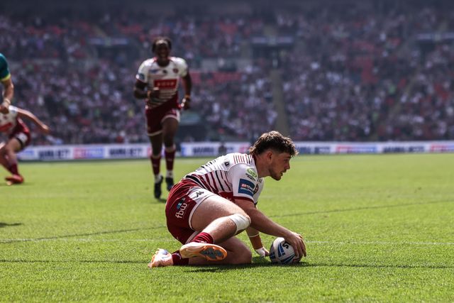 Jack Farrimond of Wigan Warriors goes over for a try during the Betfred Challenge Cup Final match Wigan Warriors vs Hull KR at Wembley Stadium, London, United Kingdom on 30 May 2026

(Photo by Alfie Cosgrove/News Images)