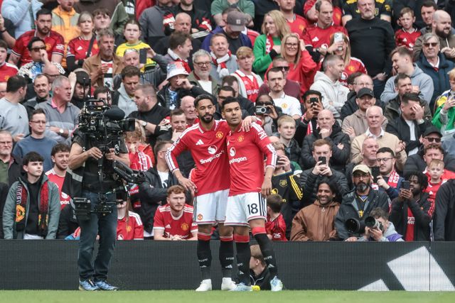 Matheus Cunha of Manchester United celebrates his goal to make it 2-1 with Casemiro of Manchester United during the Premier League match Manchester United vs Nottingham Forest at Old Trafford, Manchester, United Kingdom on 17 May 2026

(Photo by Mark Cosgrove/News Images)