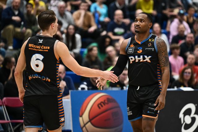LaQuincy Rideau of Cheshire Phoenix and Jack Hudson of Cheshire Phoenix hi fiveduring the British Basketball Championship match Cheshire Phoenix vs Surrey Scorchers at Ellesmere Port Sports Village, Ellesmere Port, United Kingdom, 19th November 2023

(Photo by Craig Thomas/News Images)