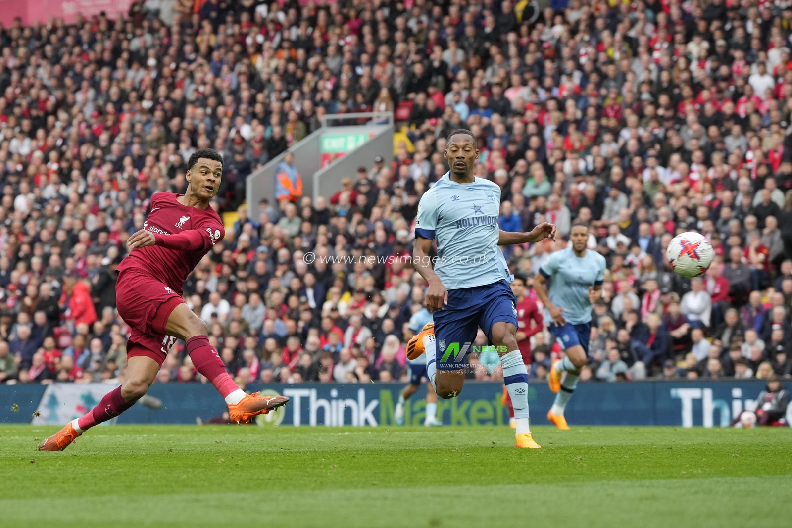 Cody Gakpo #18 of Liverpool shoots goal wards during the Premier League match Liverpool vs Brentford at Anfield, Liverpool, United Kingdom, 6th May 2023

(Photo by Steve Flynn/News Images)