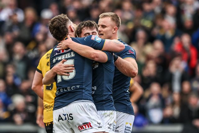 George Brown of Leeds Rhinos celebrates his try during the Betfred Super League round 4 match Leeds Rhinos vs Castleford Tigers at AMT Headingley Stadium, Leeds, United Kingdom on 08 March 2026

(Photo by Alfie Cosgrove/News Images)
