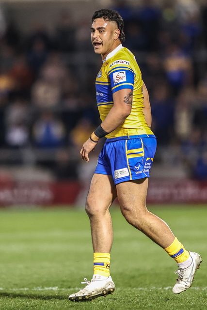 Keenan Palasia of Leeds Rhinos during the Betfred Super League match Salford Red Devils vs Leeds Rhinos at Salford Community Stadium, Eccles, United Kingdom, 10th April 2025

(Photo by Alfie Cosgrove/News Images)
