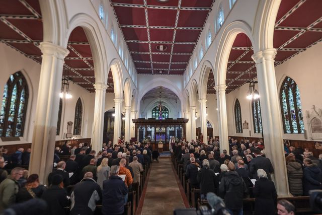 Attendeeâ€™s stand while they sing hymns during the Funeral of Harold Dennis â€œDickieâ€ Bird OBE at St Mary's Church, Barnsley, United Kingdom, 19th October 2025

(Photo by Mark Cosgrove/News Images)