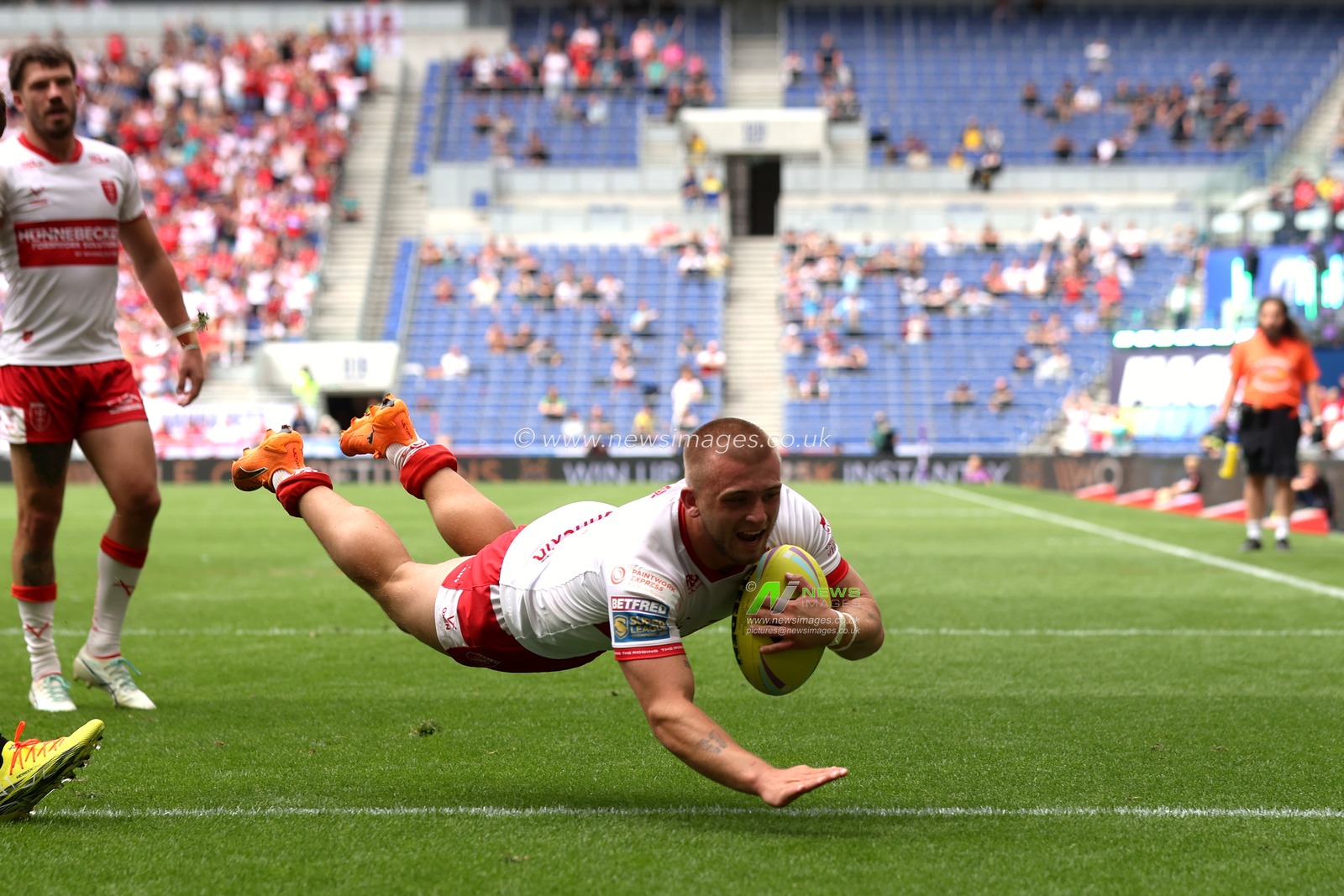 Mikey Lewis of Hull KR goes over for a try during the Betfred Super League Magic Weekend match Hull KR vs Hull FC at Hill Dickinson Stadium, Liverpool, United Kingdom on 04 July 2026

(Photo by Alfie Cosgrove/News Images)