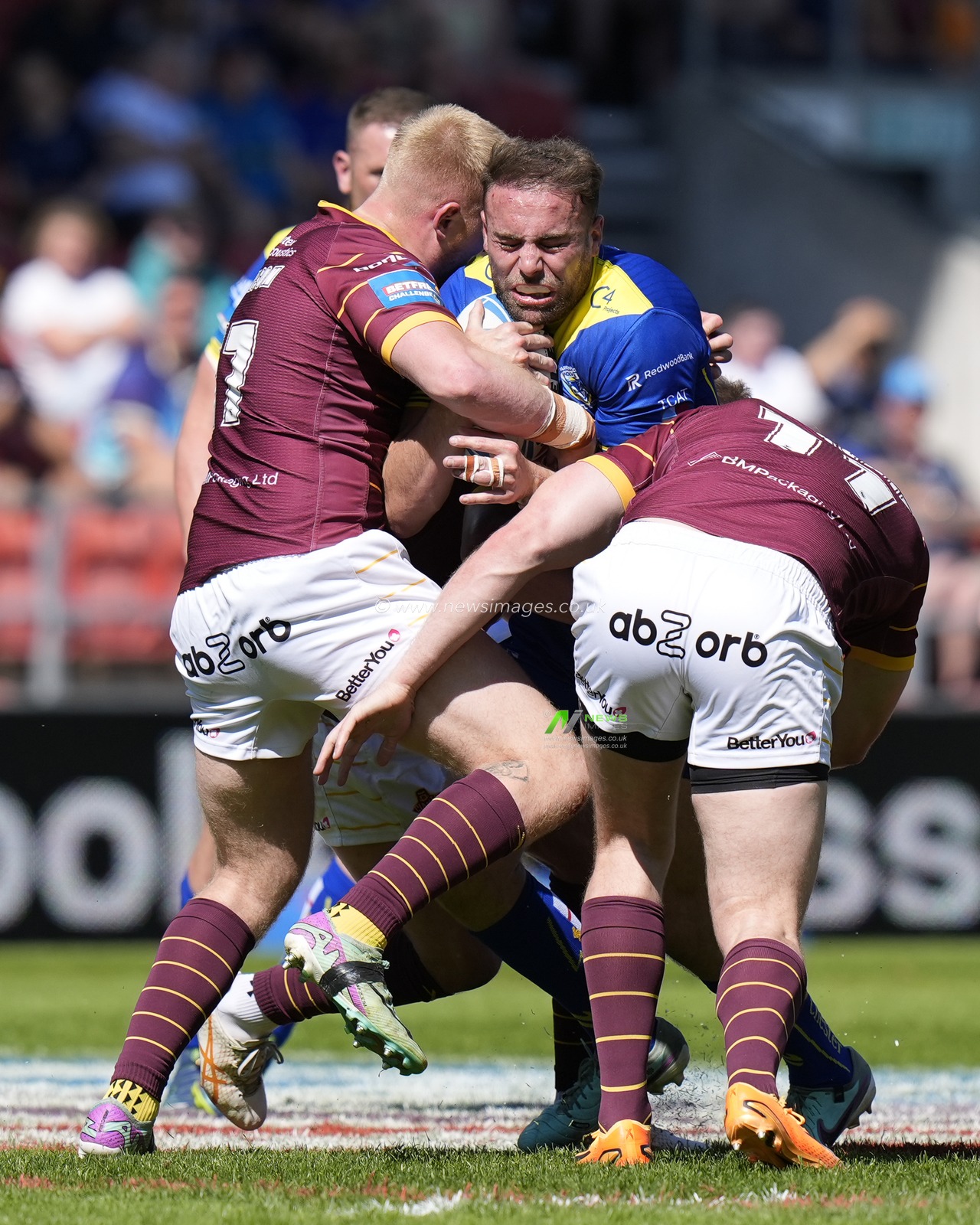 James Harrison of Warrington Wolves runs at the Huddersfield Giants defence during the Betfred Challenge Cup Semi-Final match Huddersfield Giants vs Warrington Wolves at Totally Wicked Stadium, St Helens, United Kingdom, 19th May 2024

(Photo by Steve Flynn/News Images)