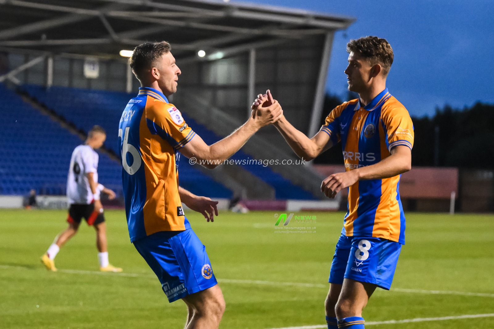 Jordan Shipley of Shrewsbury Town celebrates his goal to make it 1- 0 during the Bristol Street Motors Trophy match Shrewsbury Town vs Fulham U21 at Croud Meadow, Shrewsbury, United Kingdom, 20th August 2024

(Photo by Craig Thomas/News Images)