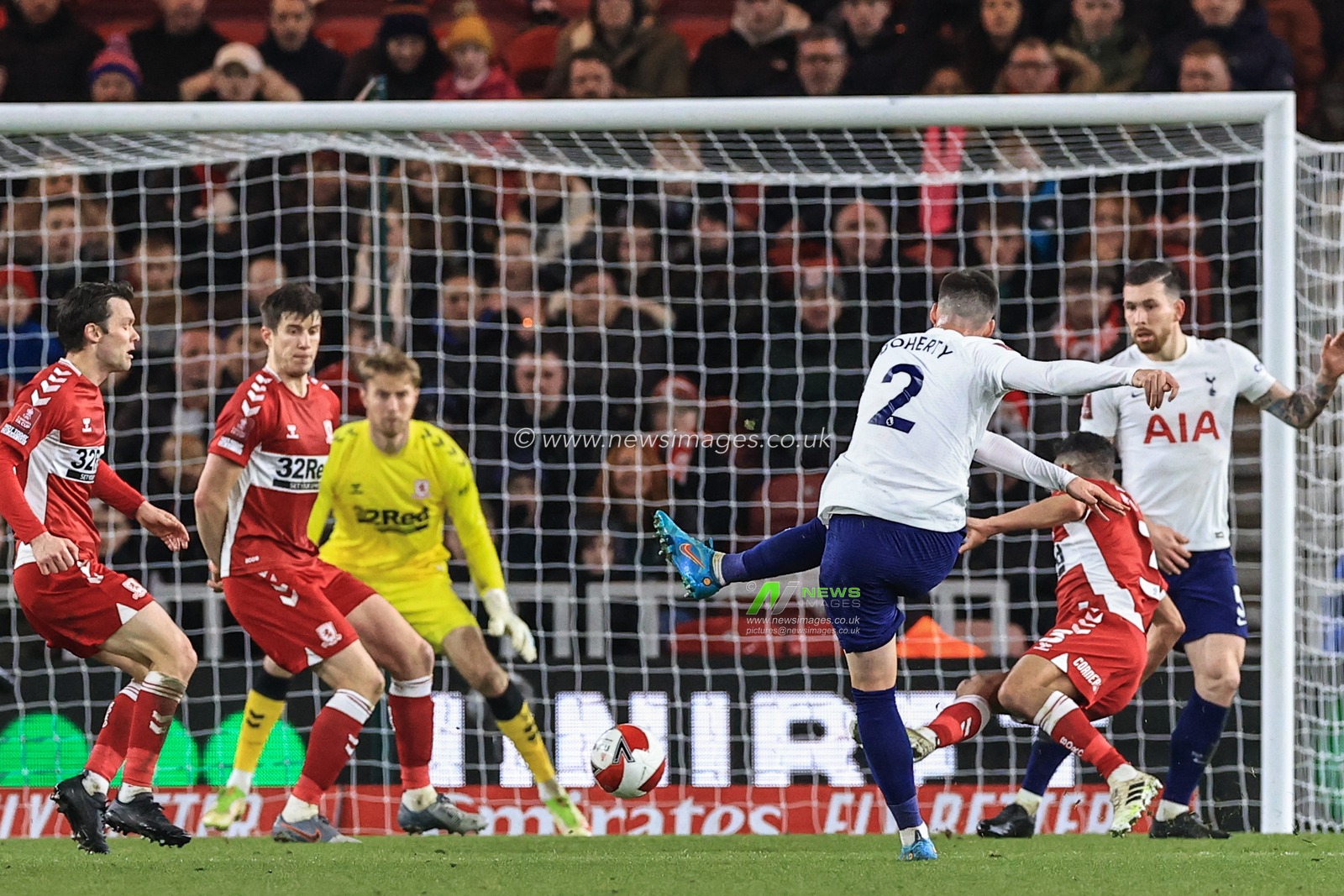 Matt Doherty #2 of Tottenham Hotspur shoots just wide of the far post
