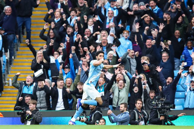 Omar Marmoush of Manchester City celebrates his goal to make it 3-0 during the Premier League match Manchester City vs Brentford at The City in the Community Etihad Stadium, Manchester, United Kingdom on 09 May 2026

(Photo by Jorge Horsted/News Images)