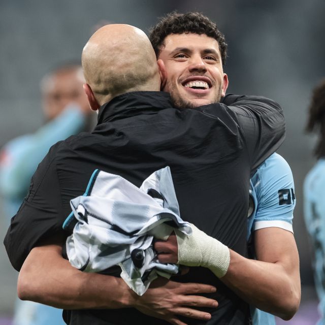Pep Guardiola manager of Manchester City celebrates the 1-3 win with Matheus Nunes of Manchester City during the Emirates FA Cup 5th Round  match Newcastle Untied vs Manchester City at St. James's Park, Newcastle, United Kingdom on 07 March 2026

(Photo by Mark Cosgrove/News Images)