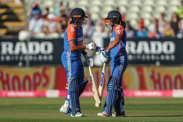 Shafali Verma of India and Harmanpreet Kaur of India celebrate India’s 50 during the 5th Vitality IT20 England Women vs India Women at Edgbaston, Birmingham, United Kingdom, 12th July 2025

(Photo by Izzy Poles/News Images)