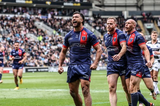 Peta Hiku of Hull KR celebrates his try during the Betfred Super League Round 8 match Hull FC vs Hull KR at MKM Stadium, Hull, United Kingdom, 18th April 2025

(Photo by Alfie Cosgrove/News Images)
