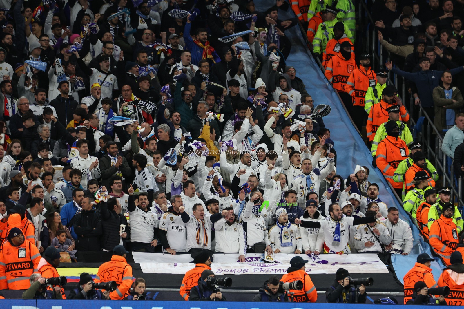 Real Madrid fans during the UEFA Champions League Quarter Final Manchester City vs Real Madrid at Etihad Stadium, Manchester, United Kingdom, 17th April 2024

(Photo by Mark Cosgrove/News Images)