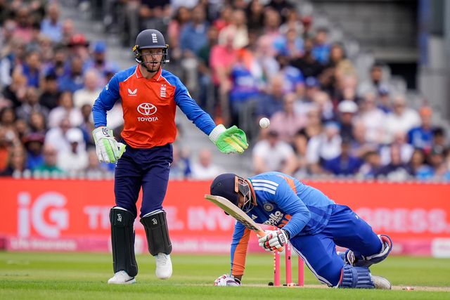 Vaibhav Sooryavanshi of India is stumped by Jos Buttler of England during the Second Vitality T20 International match England vs India at Old Trafford, Manchester, United Kingdom on 04 July 2026

(Photo by Maynard Manyowa/News Images)