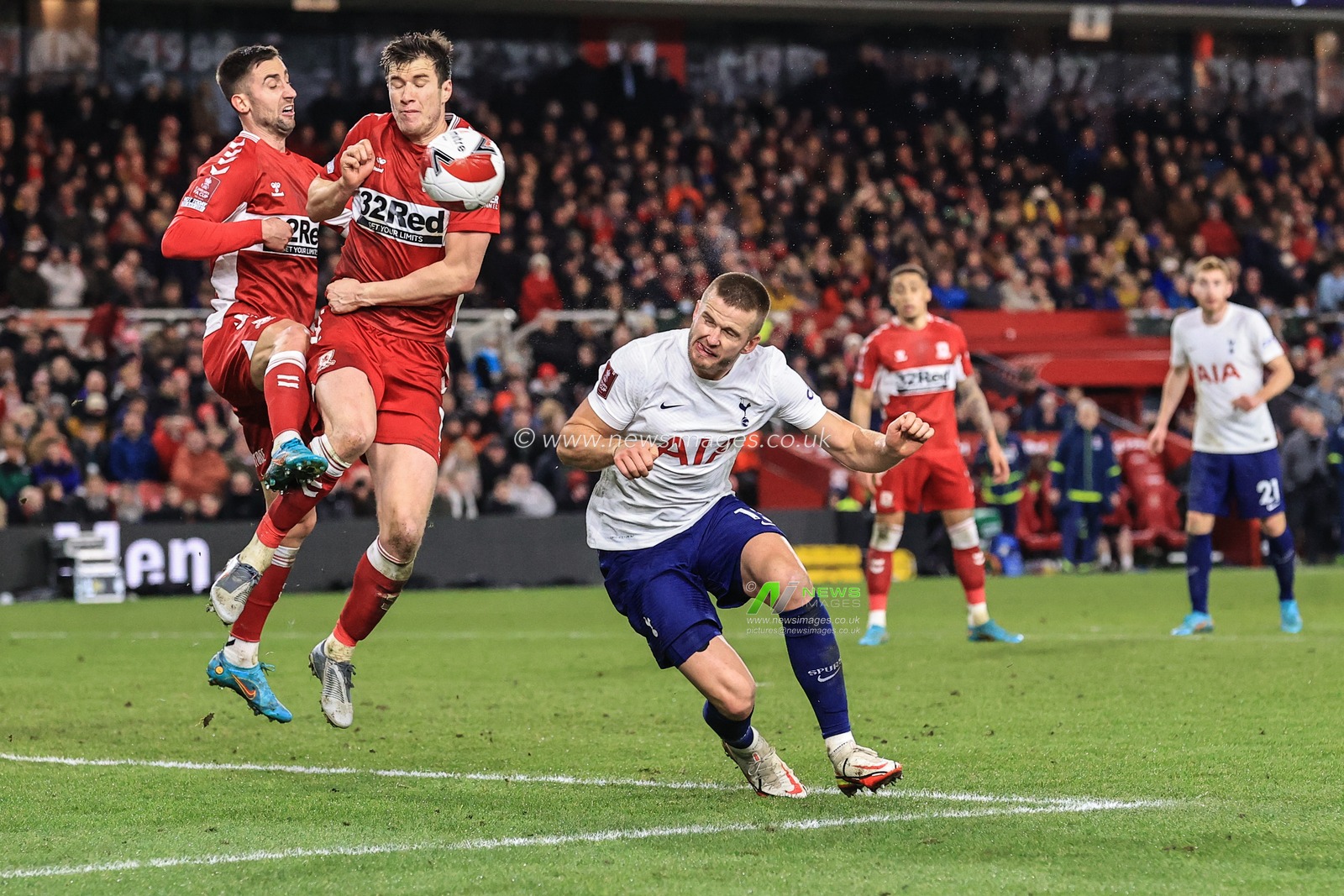 Eric Dier #15 of Tottenham Hotspur heads just over the bar from a Son Heung-Min #7 of Tottenham Hotspur corner
