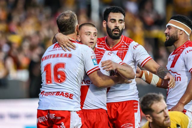 Jai Whitbread of Hull KR celebrates his try during the Betfred Super League round 15 match Castleford Tigers vs Hull KR at The Mend-A-Hose Jungle, Castleford, United Kingdom, 19th June 2025

(Photo by Alfie Cosgrove/News Images)