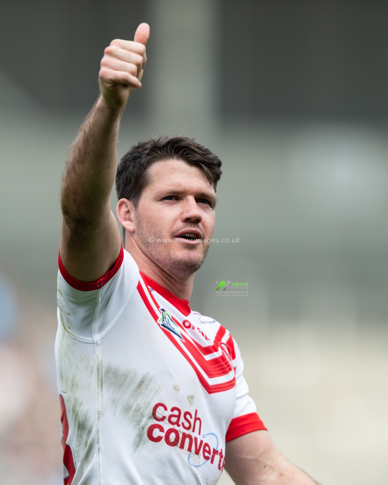 22nd April 2019 , Totally Wicked Stadium, St Helens, England;  Betfred Super League, Round 12, St Helens vs Hull FC, Lachlan Coote of St Helens celebrates the victory

Credit: Richard Long/News Images