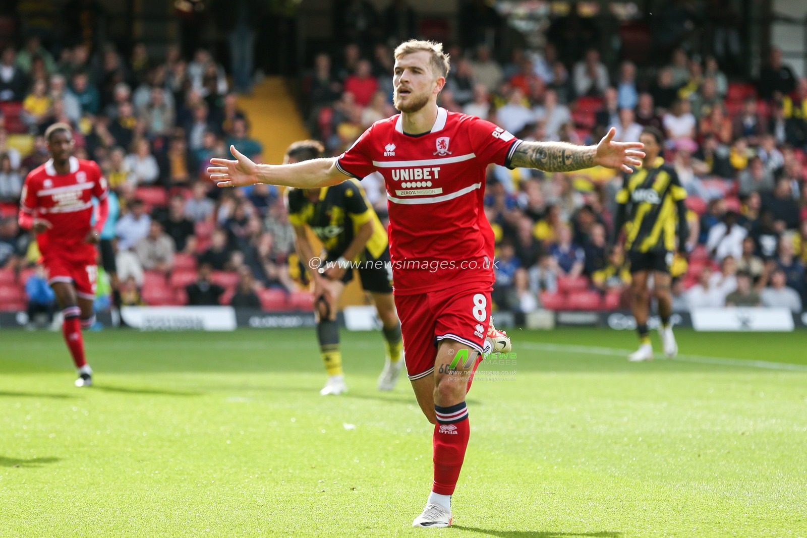 Riley McGree #8 of Middlesbrough scores to make it 0-2 during the Sky Bet Championship match Watford vs Middlesbrough at Vicarage Road, Watford, United Kingdom, 30th September 2023

(Photo by Arron Gent/News Images)