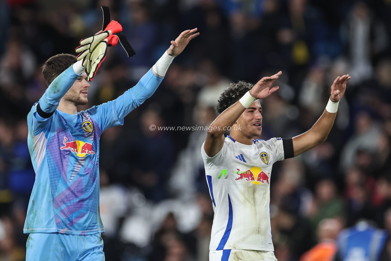Illan Meslier of Leeds United and Mateo Joseph celebrate their 2-0 win during the Sky Bet Championship match Leeds United vs Sheffield United at Elland Road, Leeds, United Kingdom, 18th October 2024

(Photo by Mark Cosgrove/News Images)