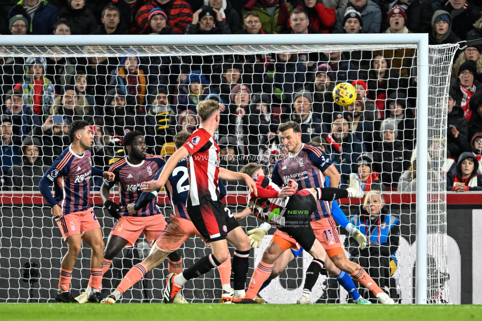 Keane Lewis-Potter of Brentford shoots on goal but its cleared off the goal line during the Premier League match Brentford vs Nottingham Forest at The Gtech Community Stadium, London, United Kingdom, 20th January 2024

(Photo by Cody Froggatt/News Images)