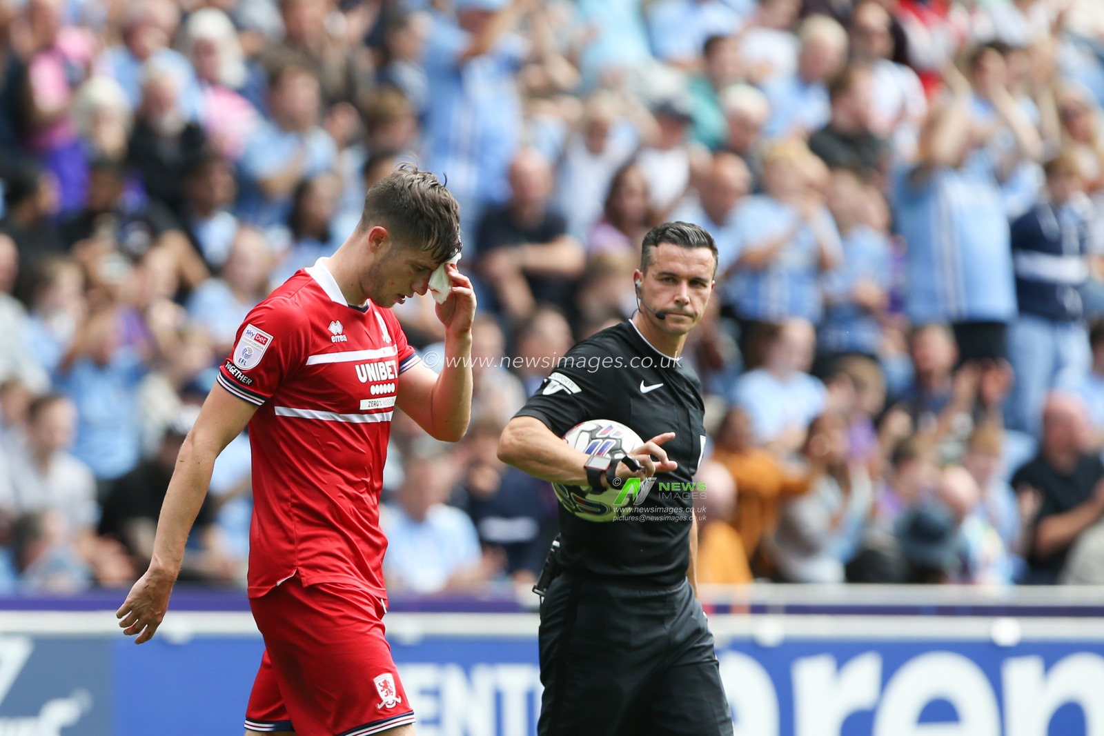 Paddy McNair #17 of Middlesbrough leaves the pitch with a head injury during the Sky Bet Championship match Coventry City vs Middlesbrough at Coventry Building Society Arena, Coventry, United Kingdom, 12th August 2023

(Photo by Arron Gent/News Images)