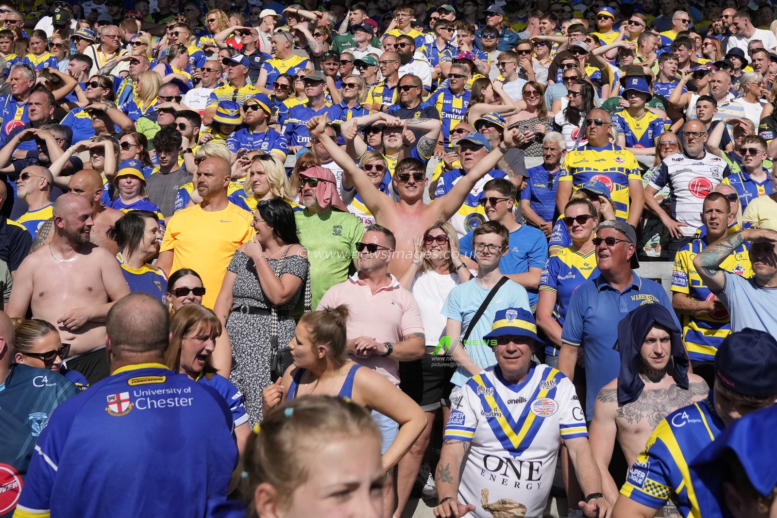 Warrington Wolves fans celebrate their win after the Betfred Challenge Cup Semi-Final match Huddersfield Giants vs Warrington Wolves at Totally Wicked Stadium, St Helens, United Kingdom, 19th May 2024

(Photo by Steve Flynn/News Images)