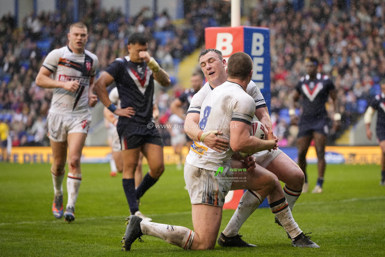 Harry Smith #7 of England celebrates with Tom Holroyd #8 of England after his try during the Mid Season International match England vs France at Halliwell Jones Stadium, Warrington, United Kingdom, 29th April 2023

(Photo by Steve Flynn/News Images)