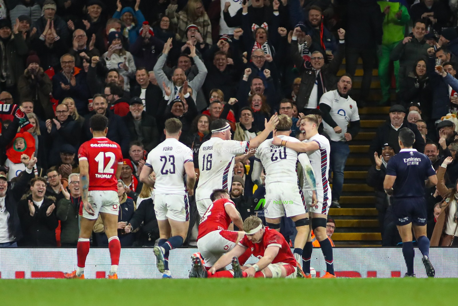 Henry Pollock of England celebrates scoring a try during the 2025 Guinness 6 Nations match Wales vs England at Principality Stadium, Cardiff, United Kingdom, 15th March 2025

(Photo by Andrew Lewis/News Images)