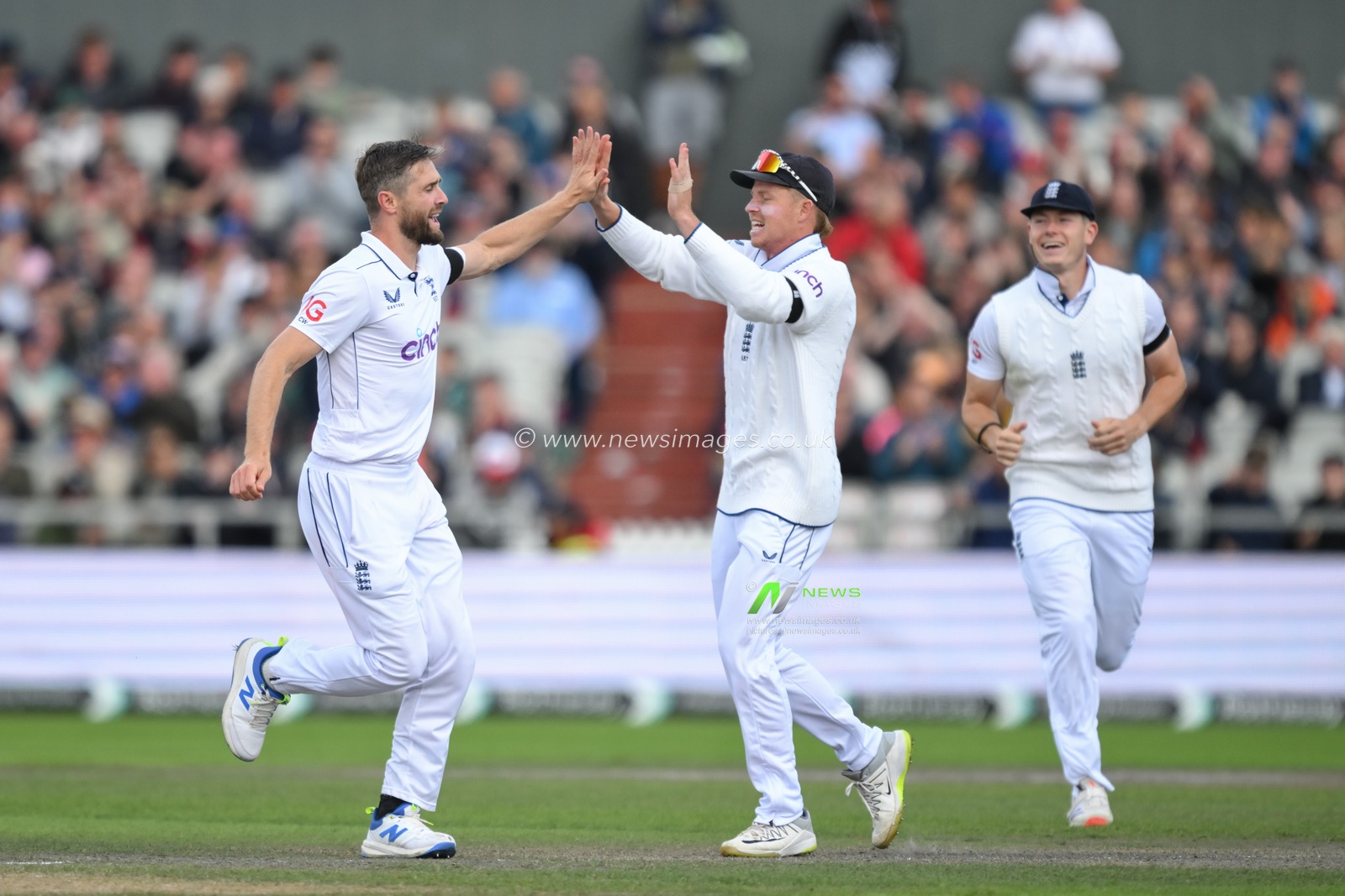Chris Woakes of England celebrates taking the wicket of Nishan Madushka of Sri Lanka during the England Men v Sri Lanka 1st Rothesay Test Match Day 3 at Old Trafford, Manchester, United Kingdom, 23rd August 2024 (Photo by Craig Thomas/News Images)

