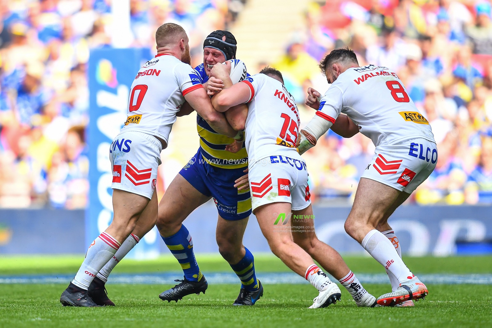 24th August 2019 , Wembley Stadium, London England ; 2019 Coral Challenge Cup Final ; St Helens vs Warrington Wolves ; Chris Hill of Warrington Wolves is tackled by Luke Thompson (10) of St Helens 



Credit: Craig Thomas/News Images
