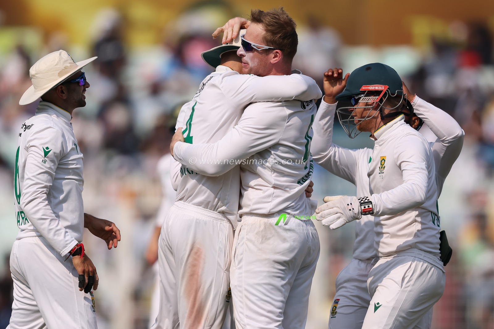 Simon Harmer of South Africadismisses Rishabh Pant (Vice Captain) of India and celebrates during the IDFC First Bank Test Day 3 match India vs South Africa at Eden Gardens, Kolkata, India, 16th November 2025

(Photo by Shubhajit Roy Karmakar/News Images)