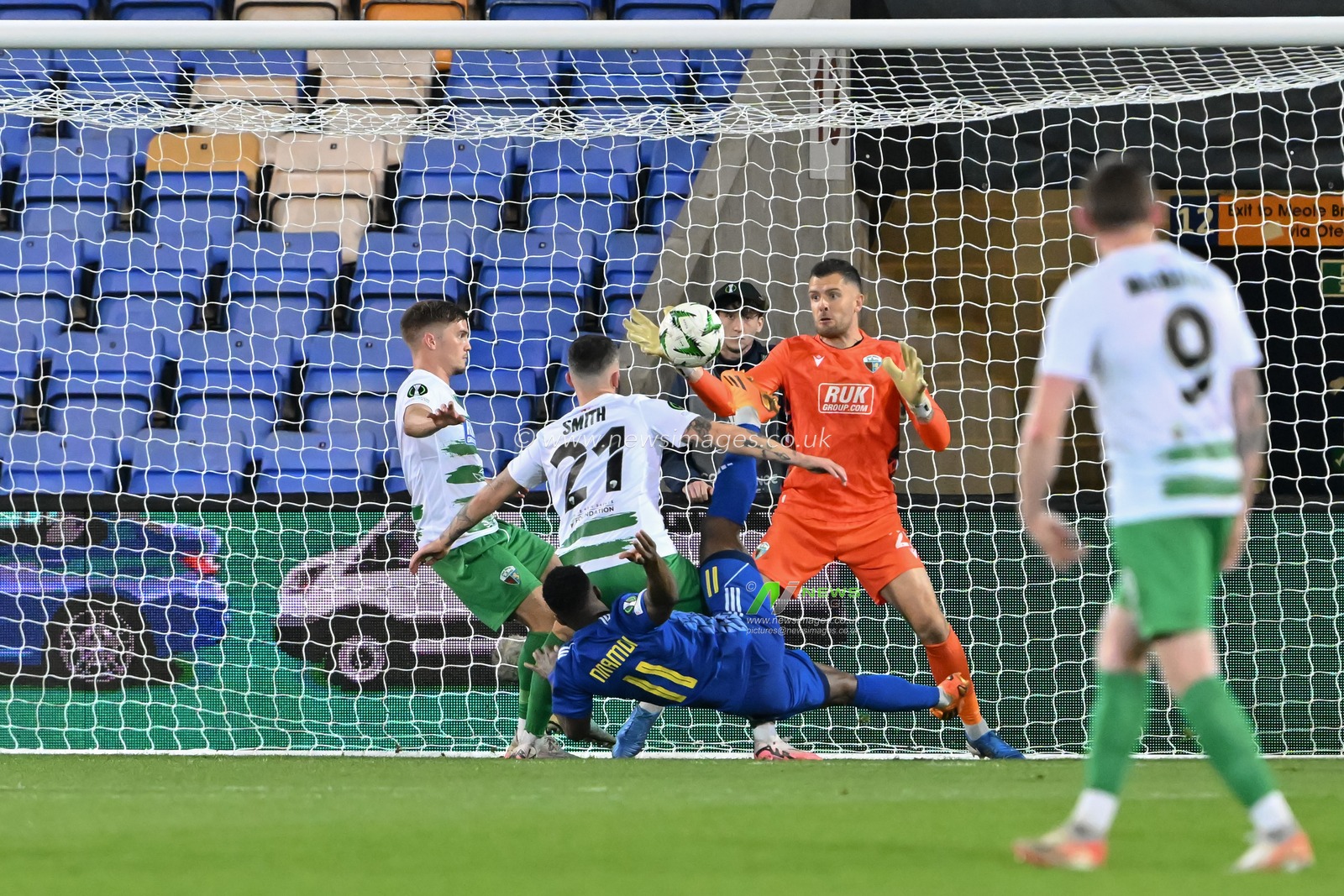 Connor Roberts of The New Saints saves a shot from Nnamdi Ahanonu of Astana during the UEFA Conference League match The New Saints vs Astana at New Meadow, Shrewsbury, United Kingdom, 24th October 2024

(Photo by Cody Froggatt/News Images)