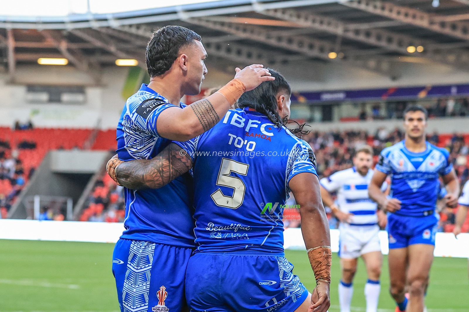 Brian To'o of Samoa celebrates his try during the Rugby League World Cup 2021 Cup Group A match Samoa vs Greece at Eco-Power Stadium, Doncaster, United Kingdom, 23rd October 2022

(Photo by Mark Cosgrove/News Images)