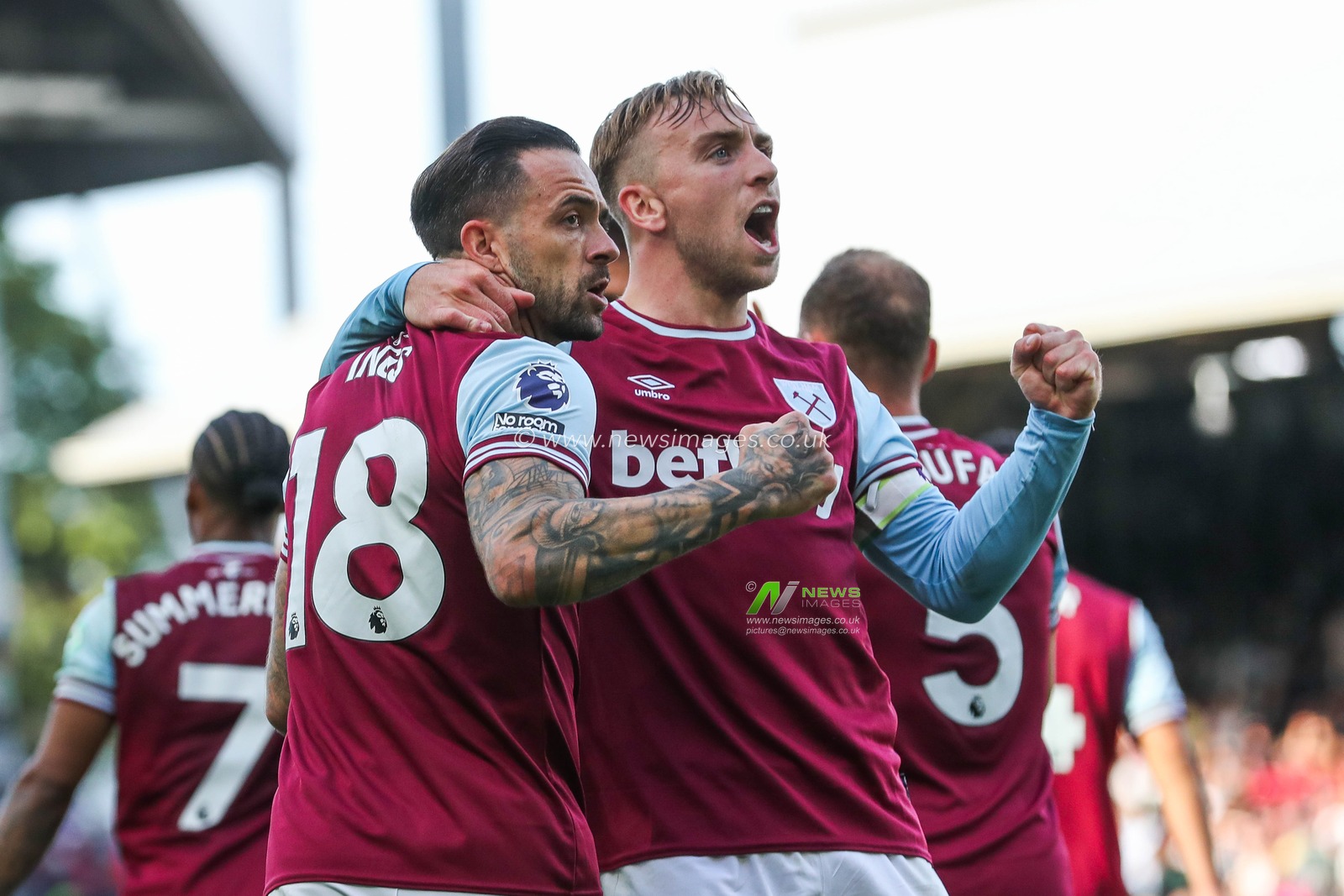 Danny Ings of West Ham United celebrates with Jarrod Bowen after scoring the team's first goal to make the score 1-1 during the Premier League match Fulham vs West Ham United at Craven Cottage, London, United Kingdom, 14th September 2024

(Photo by Izzy Poles/News Images)