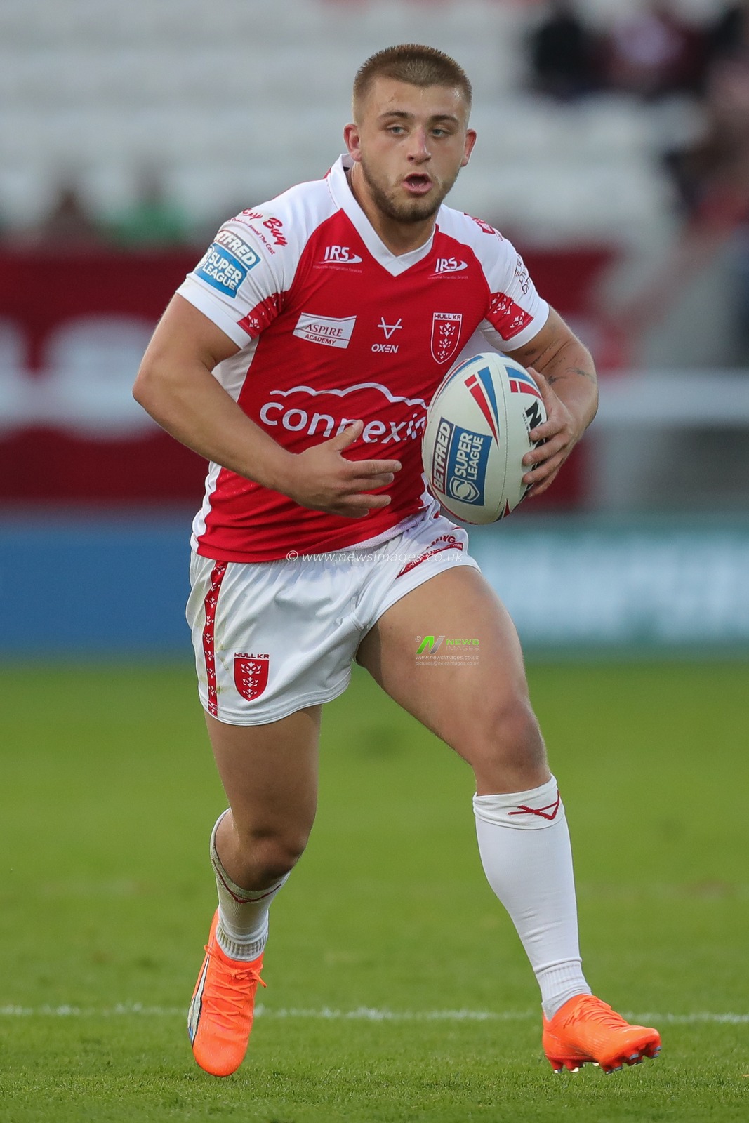 Mikey Lewis #20 of Hull KR runs with the ball during the Betfred Challenge Cup match Hull KR vs Batley Bulldogs at Sewell Group Craven Park, Kingston upon Hull, United Kingdom, 19th May 2023

(Photo by James Heaton/News Images)