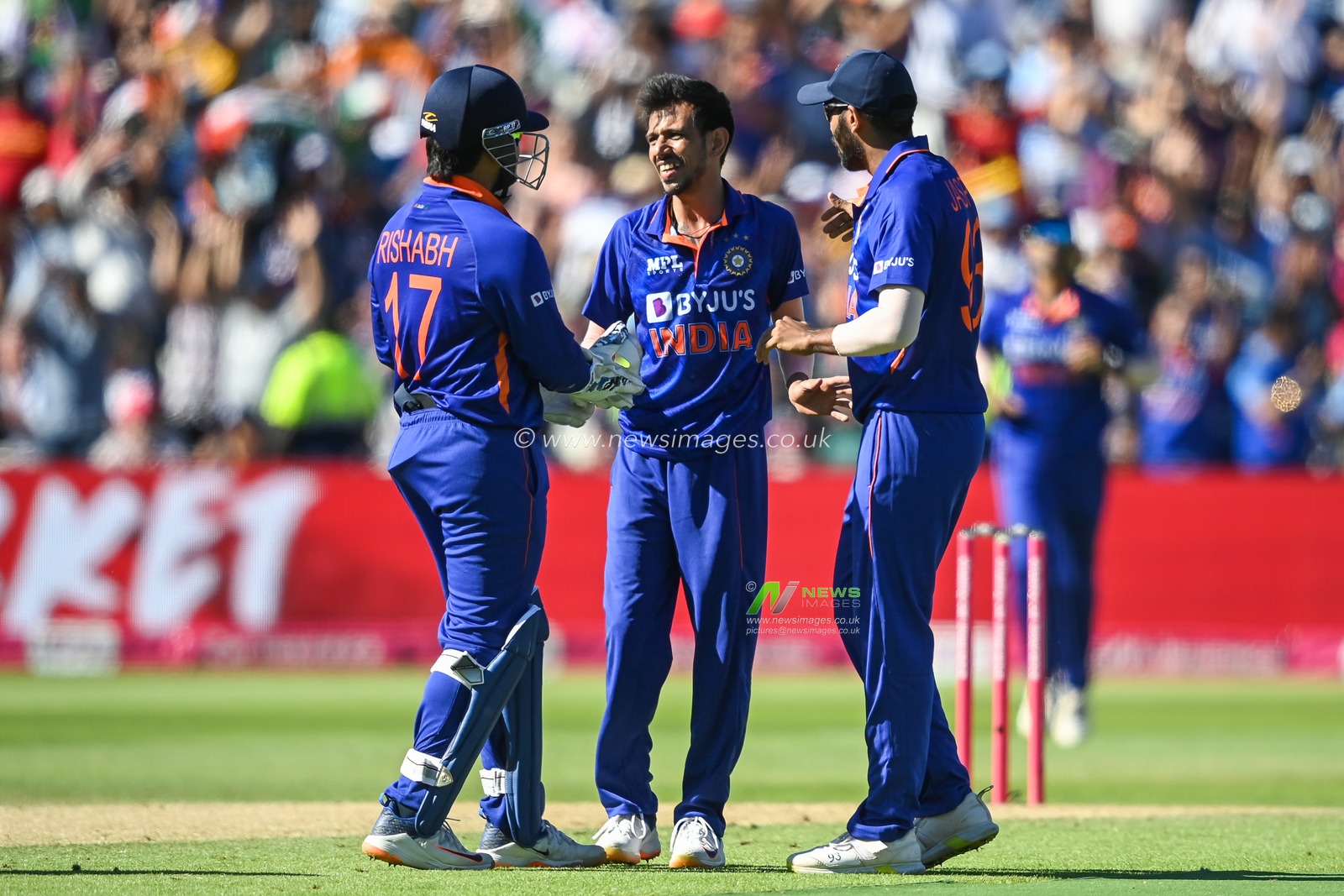 Yuzvendra Chahal of India celebrates the wicket of Harry Brook of England