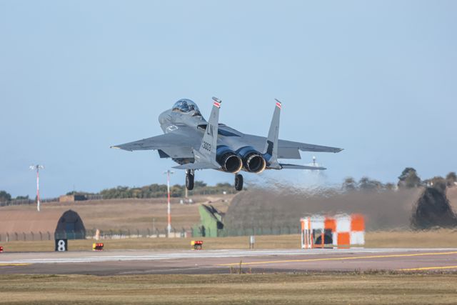 A USAF F15 assigned to the 48th Fighter Wing conducts a combat readiness exercise at RAF Lakenheath, Lakenheath, United Kingdom, 28th August 2025

(Photo by Seth Rose/News Images)