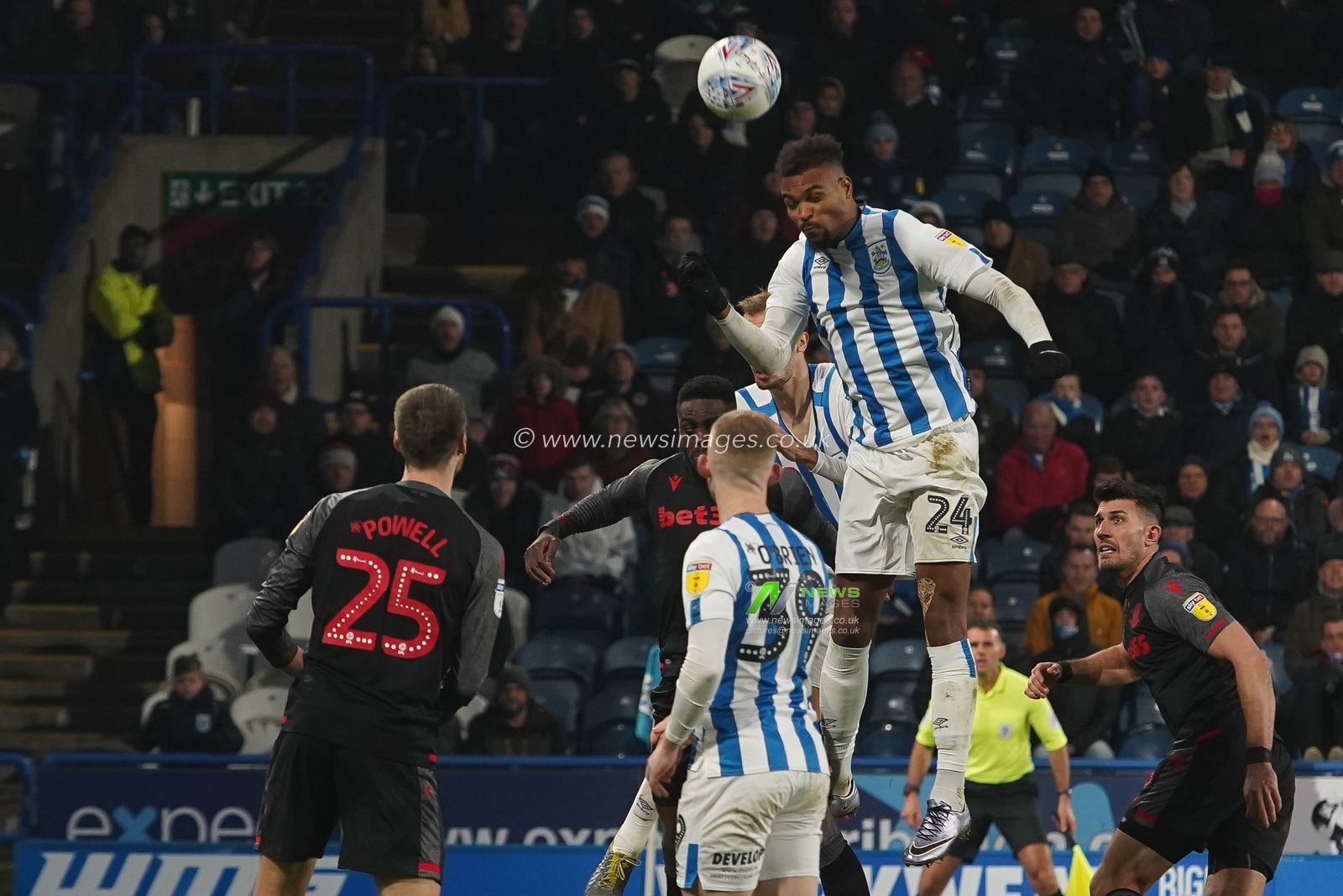 1st January 2020, John Smith's Stadium, Huddersfield, England; Sky Bet Championship, Huddersfield Town v Stoke City : Steve Mounie (24) of Huddersfield Town scores with his head to make it 1-1

Credit: Kurt Fairhurst/News Images